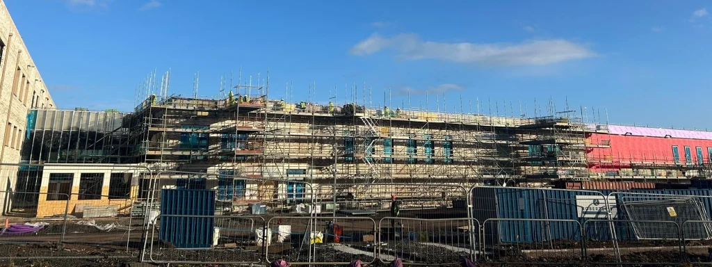 UNDR - Understanding Non-Domestic Retrofit - forum & course image shows a large corporate premises currently being retrofitted, with scaffolding and a building site.