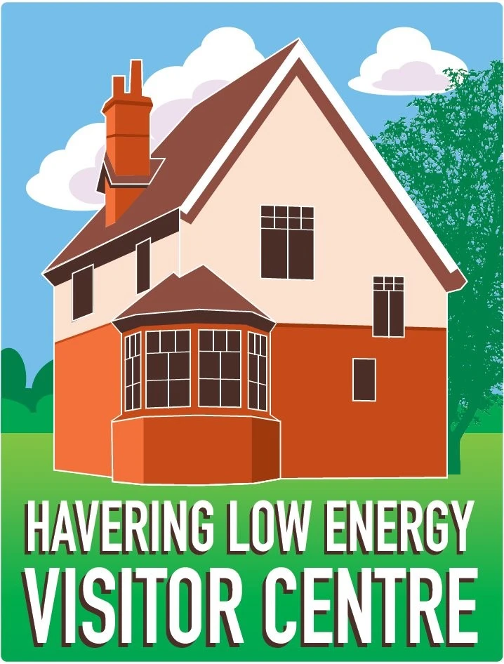 The Havering Low Energy Visitors Centre poster - block colour, shows a house with conservatory. Red brick at the bottom, white top half.